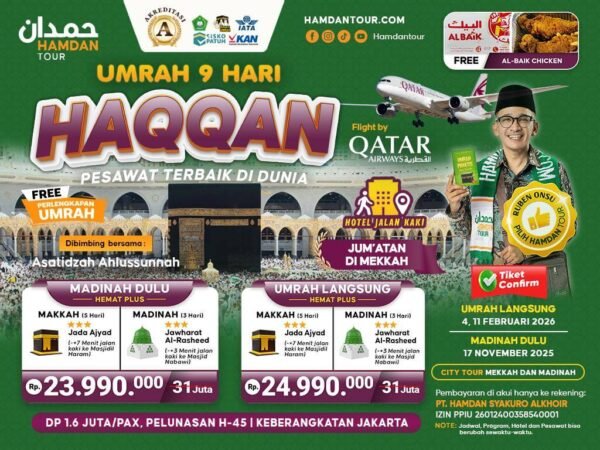 Umrah Haqqan Pesawat Qatar | Hotel Jada Ajyad | 9 & 10 Hari | Hemat Plus